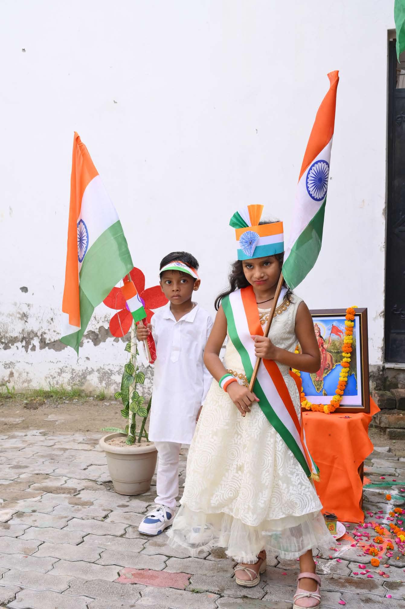 Marching with the flag outside school